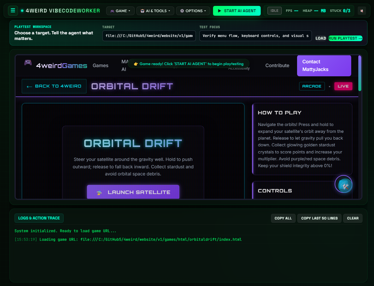 VibeCodeWorker with the Orbital Drift target loaded and a playtest goal entered